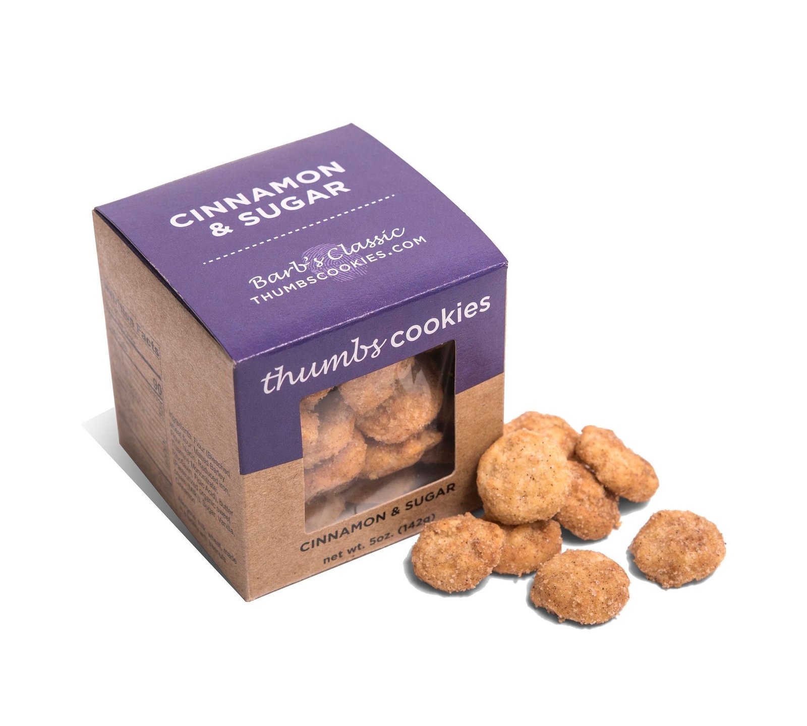 A box labeled "thumbs cookies" with cinnamon & sugar flavor is next to a small stack of round cookies. The net weight is 5 oz (142g). 