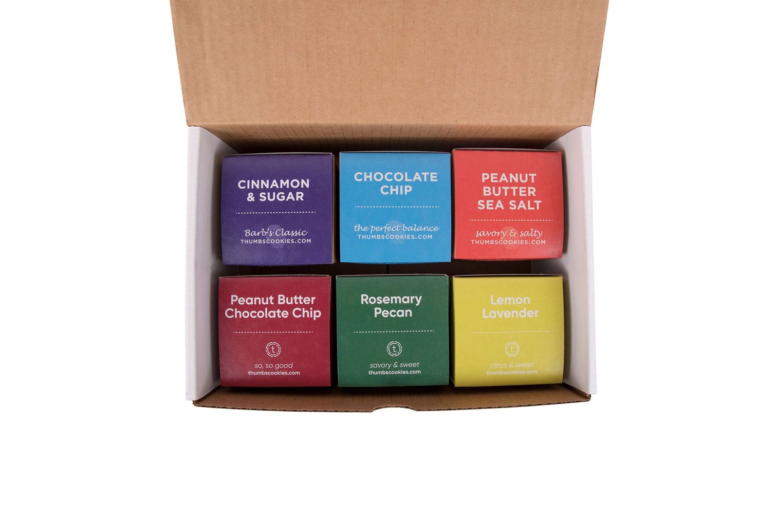 Gift box with six mini "Thumbs Cookies" boxes in assorted flavors.