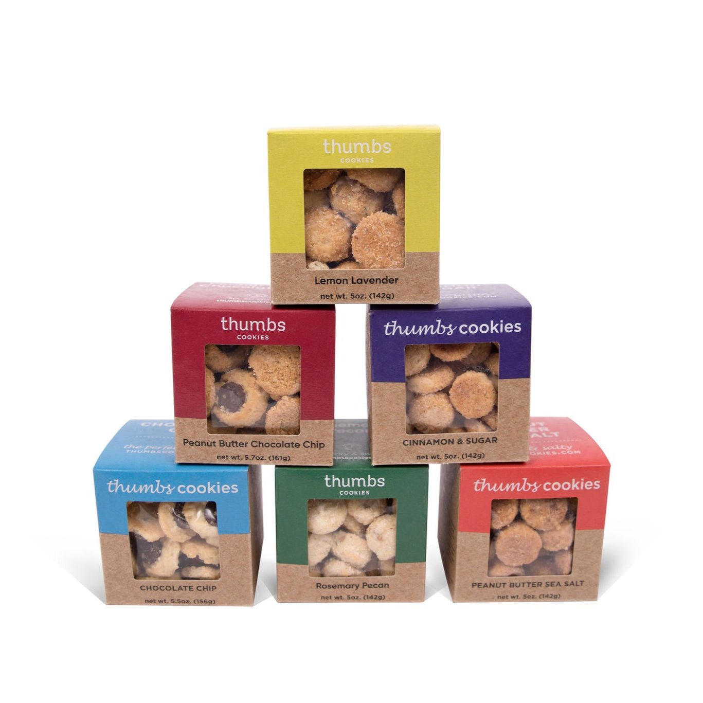 Gift box with six mini "Thumbs Cookies" boxes in assorted flavors.